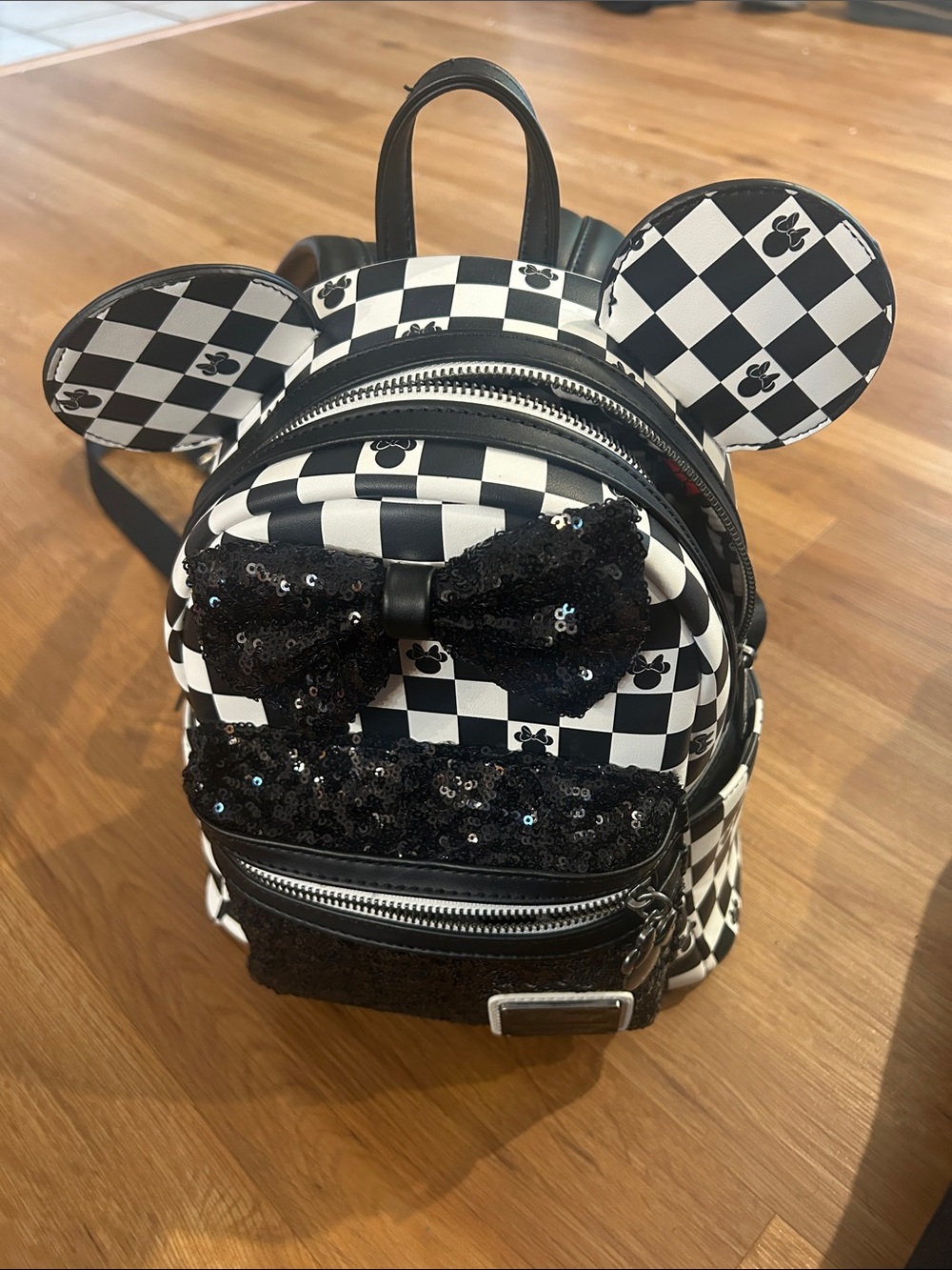 Black & White Checkerboard Mini Backpack with Sequin Bow Loungefly gently used